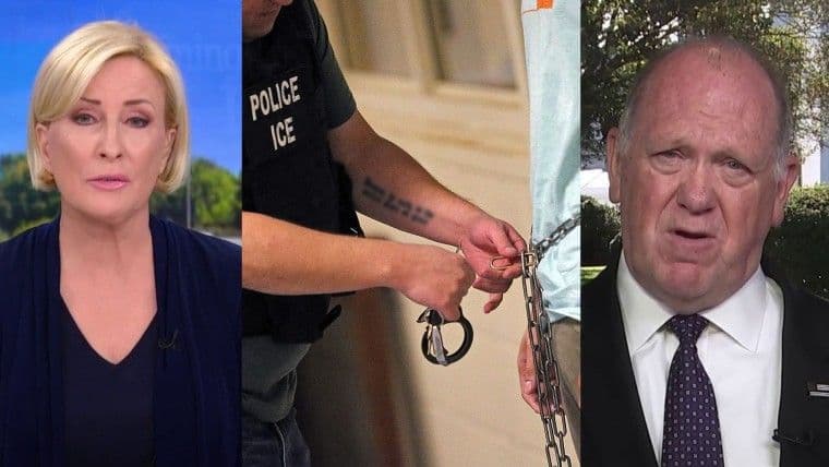 Image composite montrant un agent de l'ICE menottant une personne, une présentatrice de nouvelles et Tom Homan.