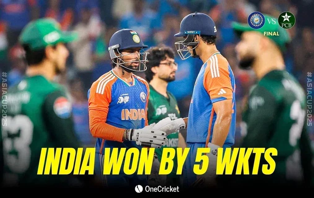 Indian and Pakistani cricket players on the field during the Asia Cup 2025 final, with a graphic indicating India's victory.