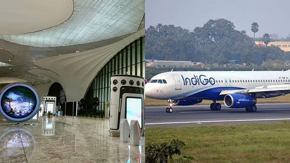 IndiGo airplane on a runway next to a modern airport terminal, representing new operations at Navi Mumbai International Airport.
