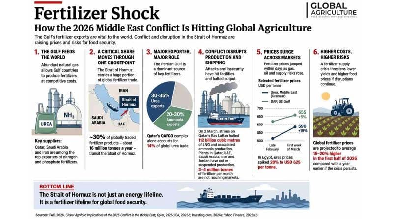 Infographic detailing fertilizer market shocks, shipping routes, and price impacts related to the Middle East conflict and Strait of Hormuz chokepoint.