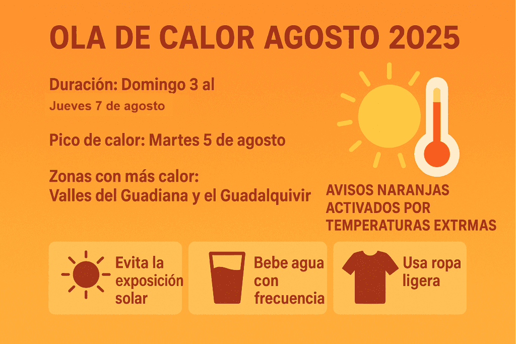 Infographic summarizing Spain's August 2025 heatwave, including duration, peak temperatures, and adaptation tips.