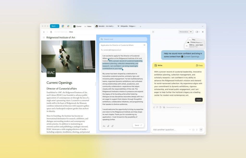 Interface du navigateur Dia avec l'assistant IA en barre latérale, montrant une fonctionnalité d'écriture assistée par l'IA.
