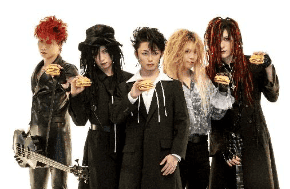 Japanese rock band LUNA SEA members holding McDonald's 'Cheese Cheese' burgers as part of a promotional campaign.