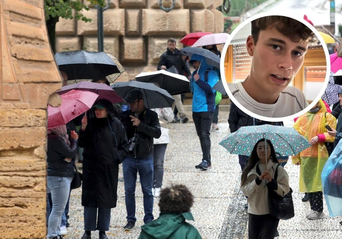 Jorge Rey, le jeune météorologue des cabañuelas, avec des personnes sous la pluie, illustrant ses prévisions.