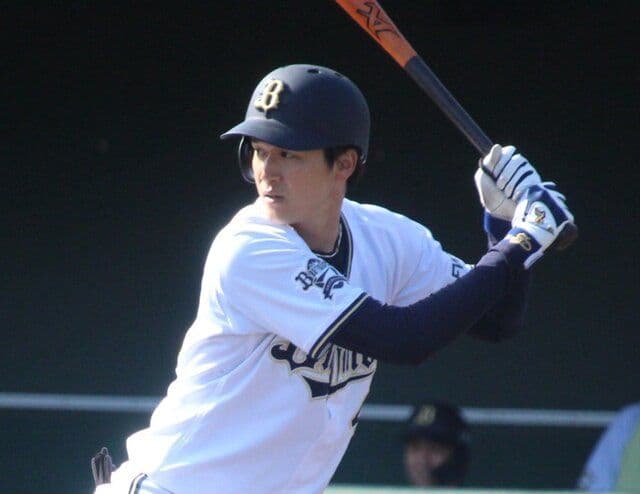 Kenta Moto in Orix Buffaloes uniform, batting stance, on a baseball field