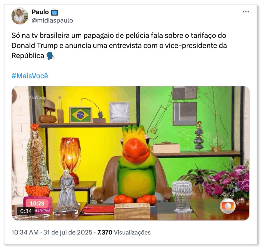 Le perroquet Louro Mané de Mais Você interroge le Vice-Président Alckmin sur les tarifs douaniers.