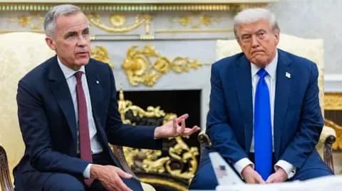 Le président américain Donald Trump et le Premier ministre canadien Mark Carney discutant dans le Bureau Ovale, symbolisant les négociations commerciales rompues.