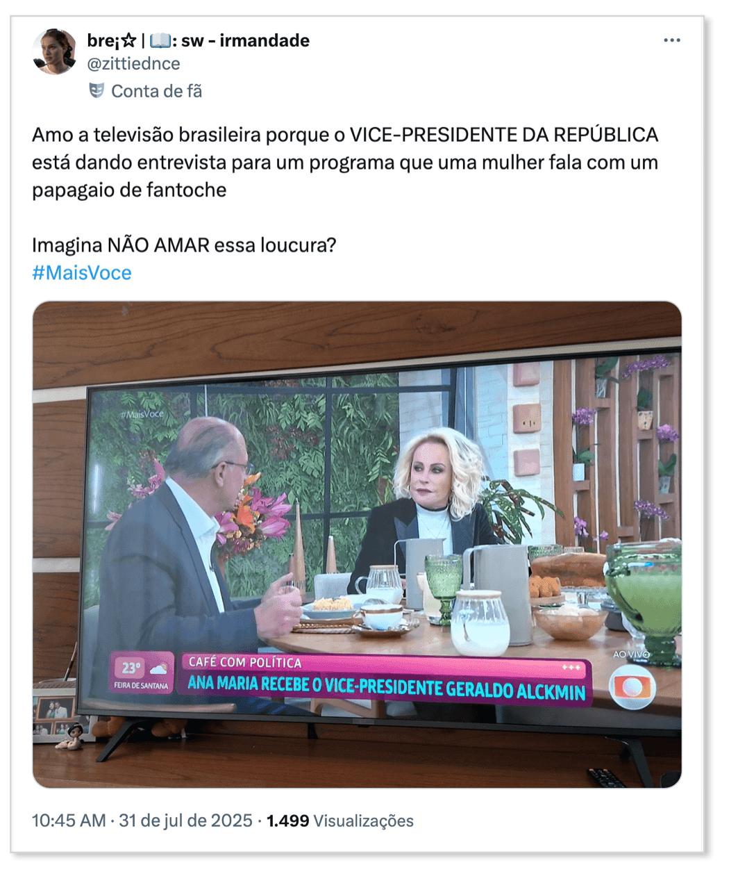 Le Vice-Président Geraldo Alckmin invité sur le plateau de l'émission matinale Mais Você.