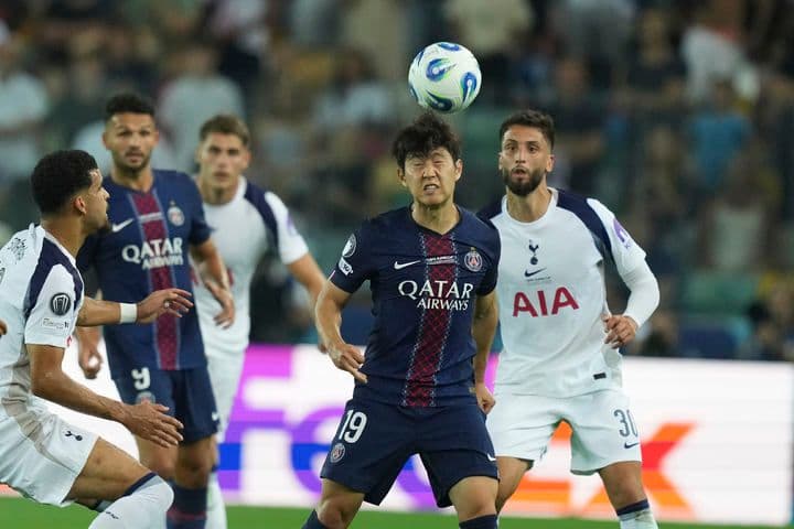 Lee Kang-in of Paris Saint-Germain on the field, a pivotal player in the UEFA Super Cup comeback.
