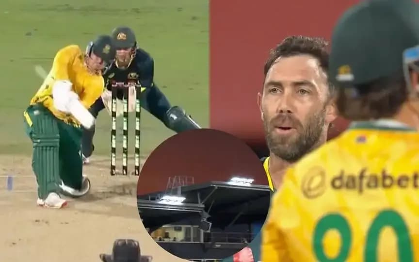 Lhuan-dre Pretorius hitting a powerful six against Glenn Maxwell, with Maxwell's surprised reaction and the ball clearing the stadium roof.