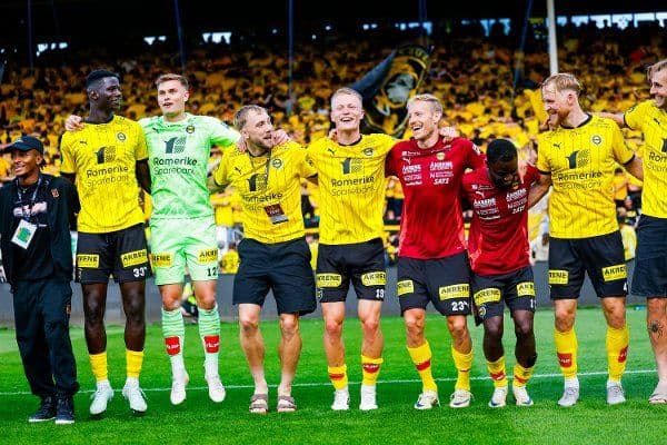 Lillestrøm football players celebrating a Norwegian Cup victory, symbolizing the high stakes of European qualification.