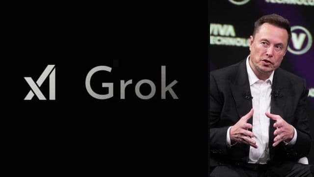 Logo de Grok et xAI à côté d'Elon Musk, le fondateur de xAI, discutant de l'intelligence artificielle.