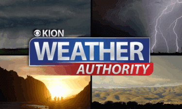 Logo KION Weather Authority avec quatre images représentant différents phénomènes météorologiques : ciel orageux, éclair, coucher de soleil et paysage vallonné.