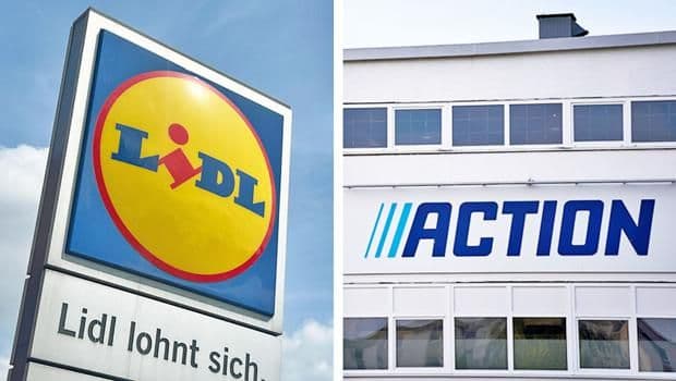 Logos de Lidl et de son concurrent Action, symbolisant la nouvelle rivalité dans le non-alimentaire.