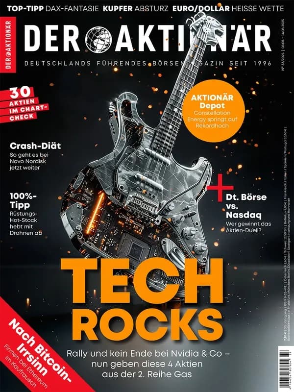 Magazine cover titled 'DER AKTIONÄR' featuring a guitar made of circuit boards and 'TECH ROCKS', symbolizing technology in finance.