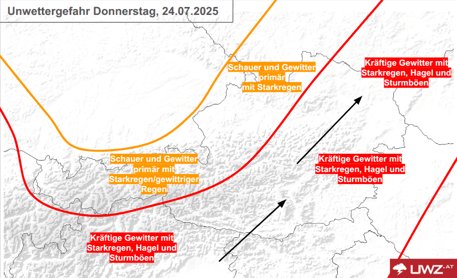 Map of Austria showing regions with high severe weather risk, indicating areas prone to intense thunderstorms and hail.