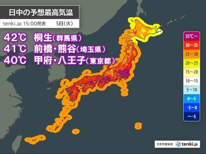Map of Japan showing forecasted maximum temperatures for August 5th, with widespread areas exceeding 40 degrees Celsius, including Kiryu at 42C.