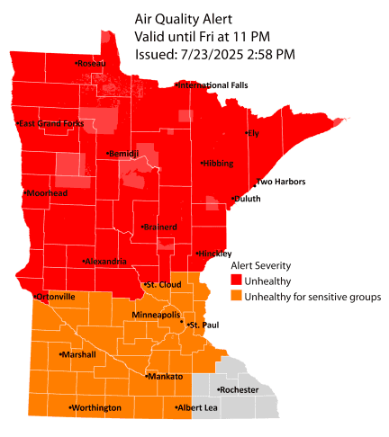 Map of Minnesota showing an air quality alert, reflecting a secondary concern mentioned in the article.