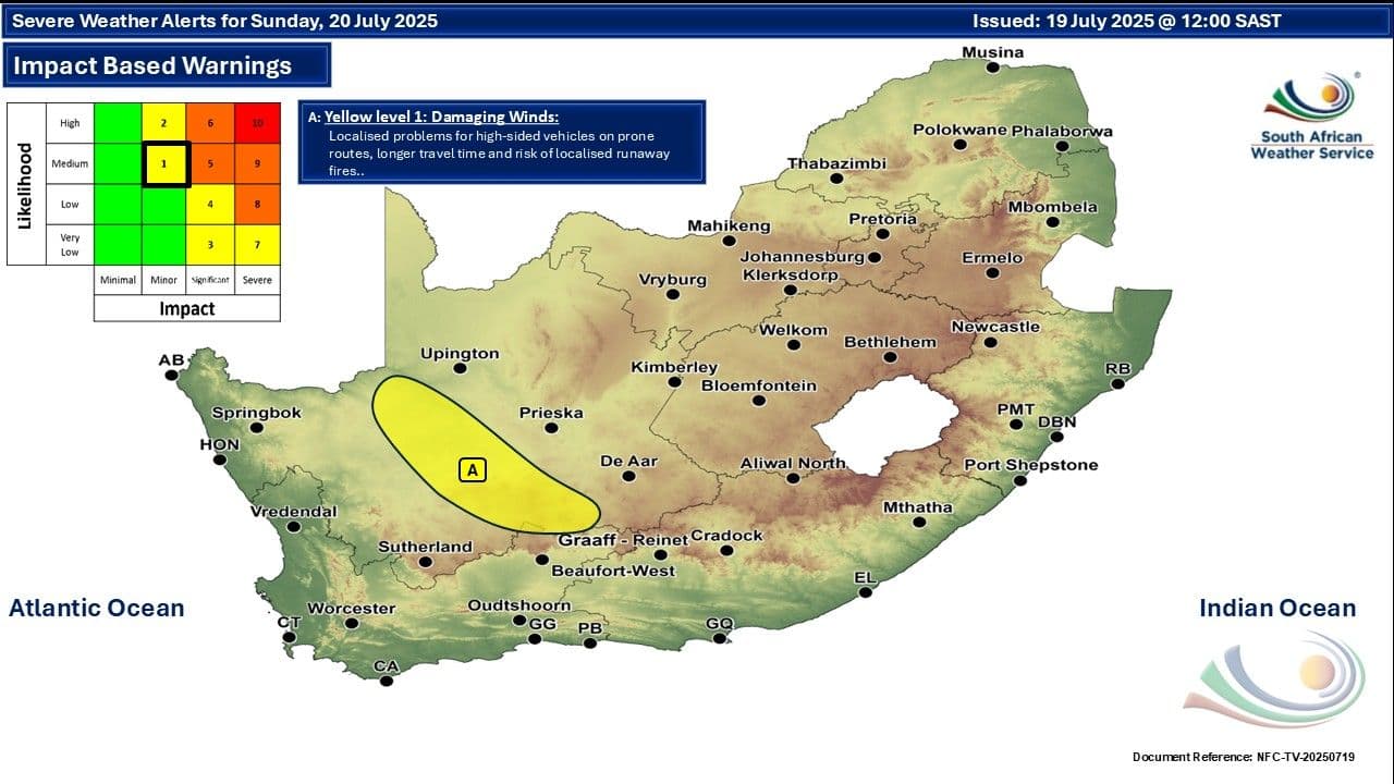 Map of South Africa highlighting a Yellow Level 1 warning for damaging winds in the Northern Cape for Sunday, July 20, 2025.