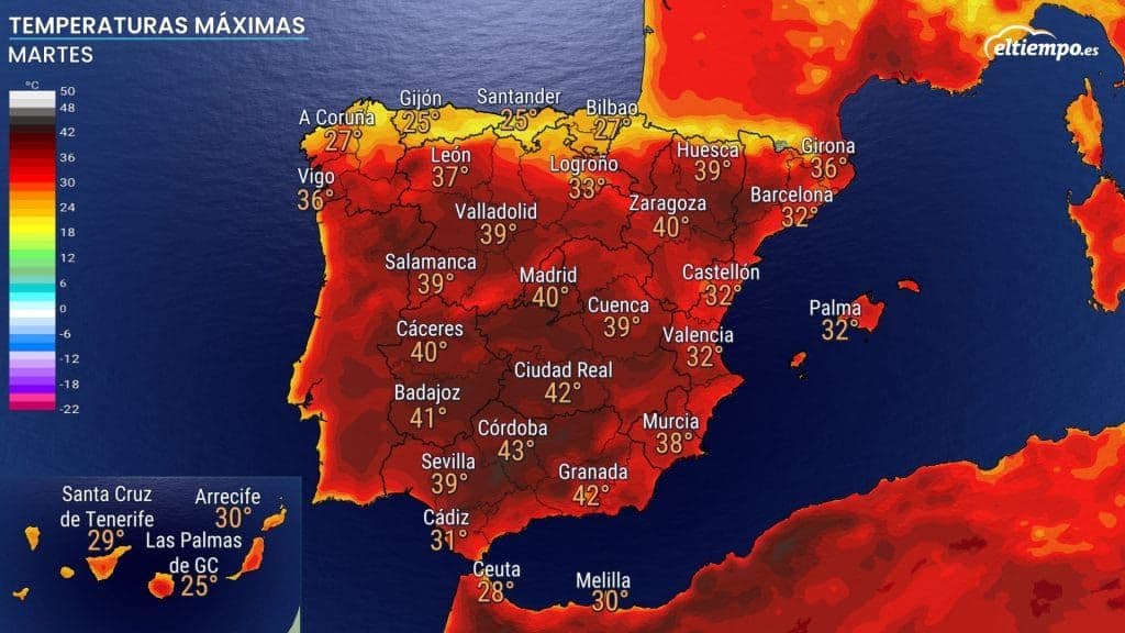 Map of Spain displaying maximum temperatures predicted for Tuesday, August 5th, highlighting cities expected to reach 40°C or higher.