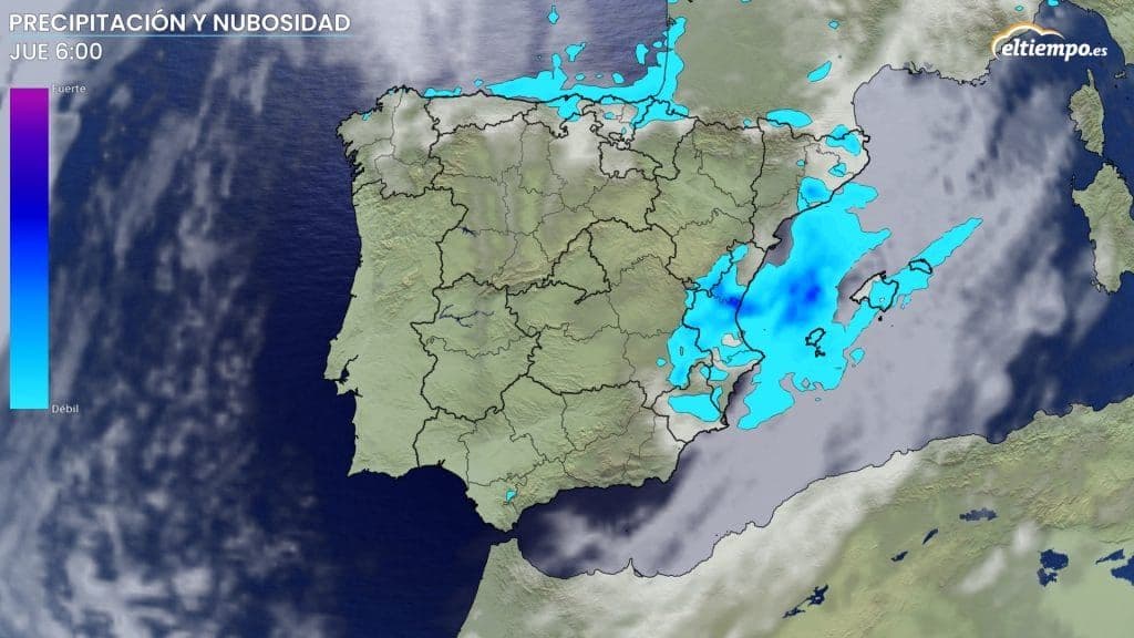 Map of Spain displaying precipitation and cloudiness, indicating the unpredictable return of storms across northern regions.