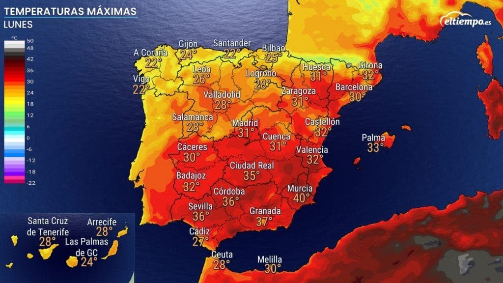 Map of Spain showing maximum temperatures in various cities, highlighting regional differences during a heatwave.