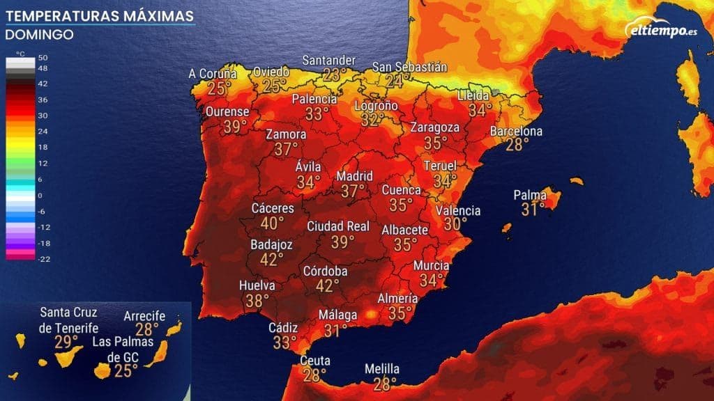 Map of Spain showing maximum temperatures predicted for Sunday, August 3rd, during the initial heatwave.
