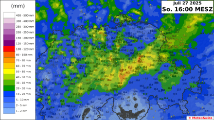 Map of Switzerland displaying 48-hour precipitation totals, showing areas with high rainfall accumulation across the country.