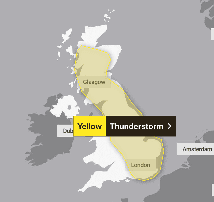 Map of the UK showing a yellow thunderstorm warning across a large central and southern area, illustrating Met Office alerts.