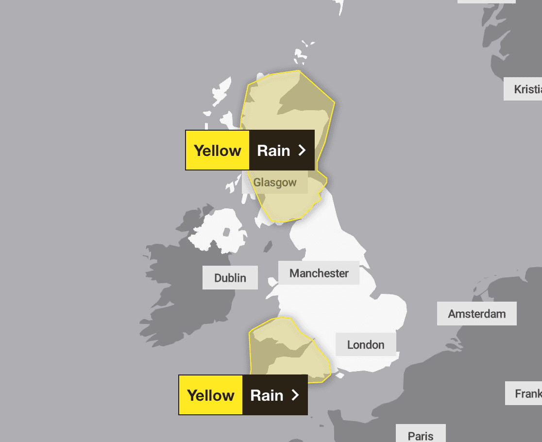 Map of the UK showing yellow rain alerts for Scotland and Southwest England, indicating unpredictable weather and flood threats.
