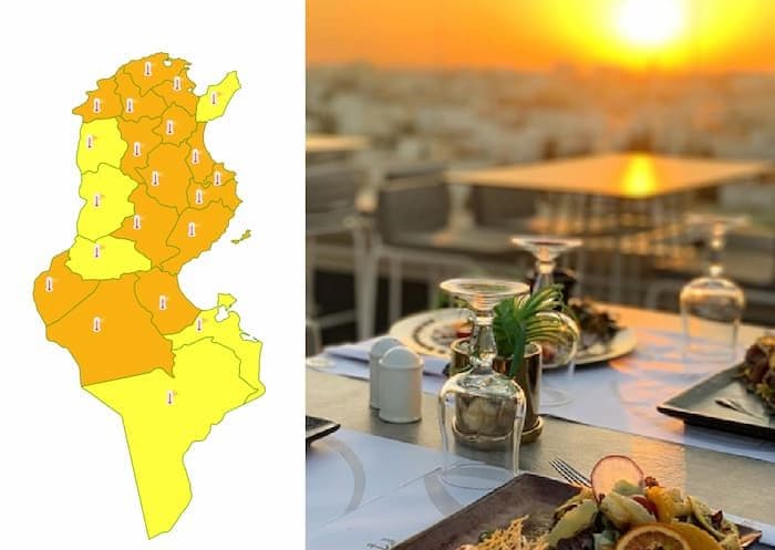 Map of Tunisia showing heat warnings alongside an outdoor dining setting at sunset, symbolizing climate change's impact on daily life.