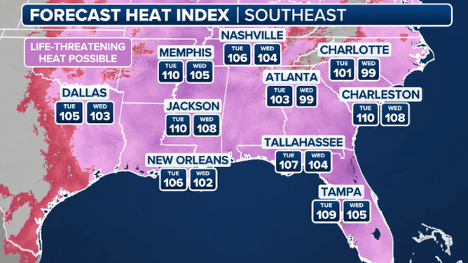 Map showing forecast heat index values across the southeastern United States, indicating dangerous temperatures.