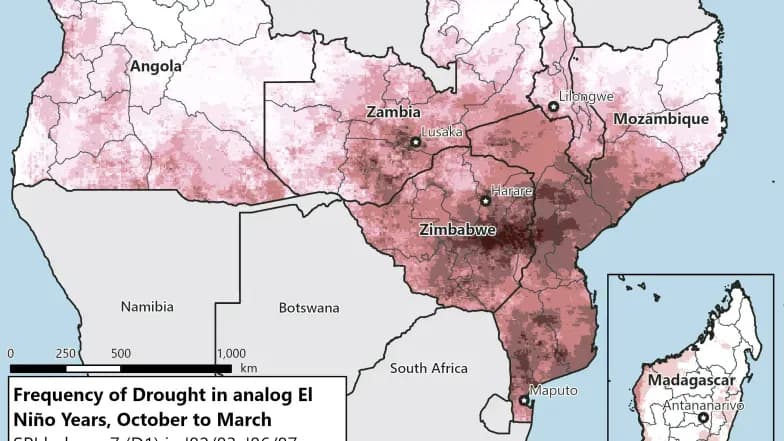 Map showing frequency of drought in Southern Africa during strong El Niño years.