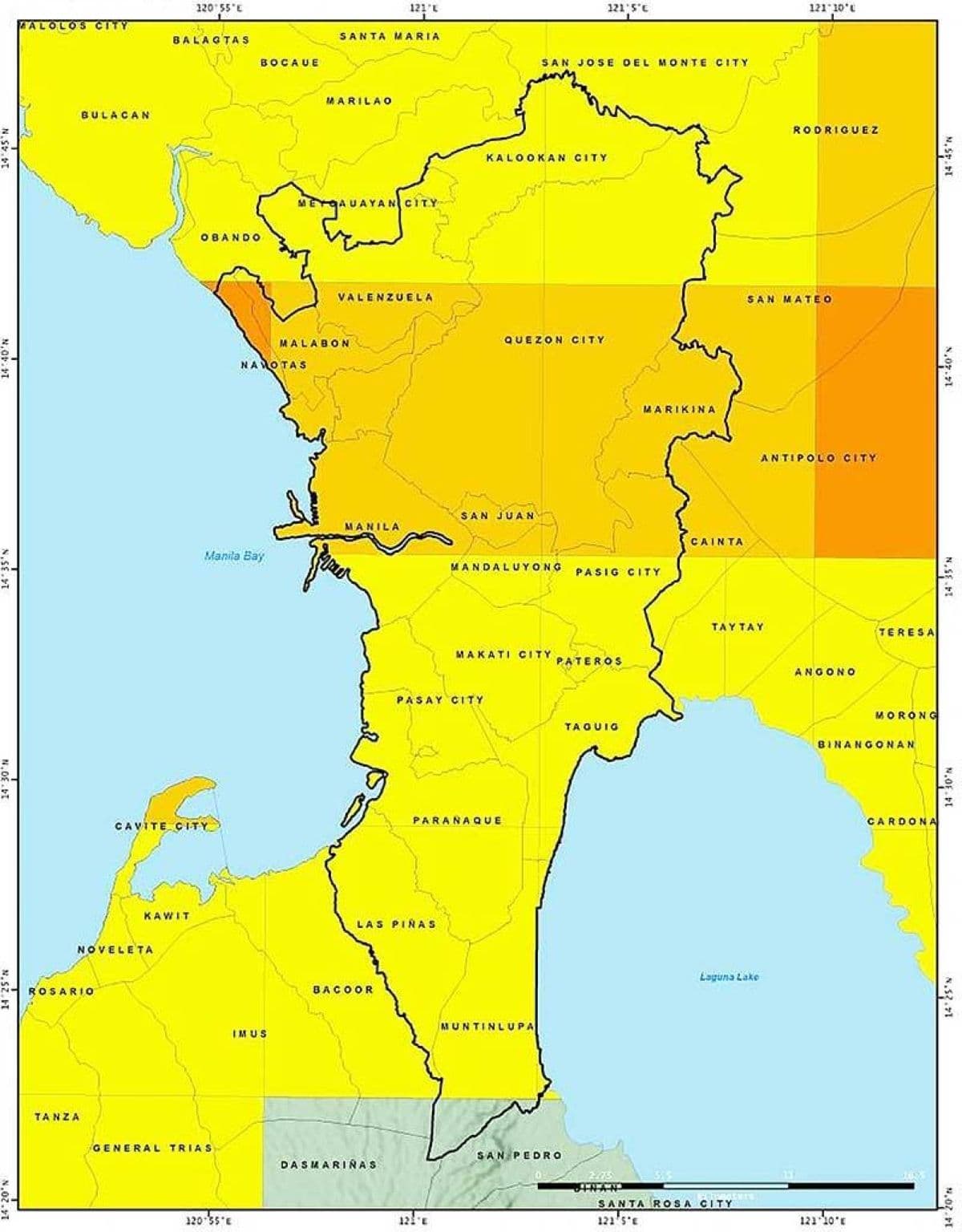 Map showing Metro Manila barangays susceptible to rain-induced landslides and flooding, highlighting areas of high risk.