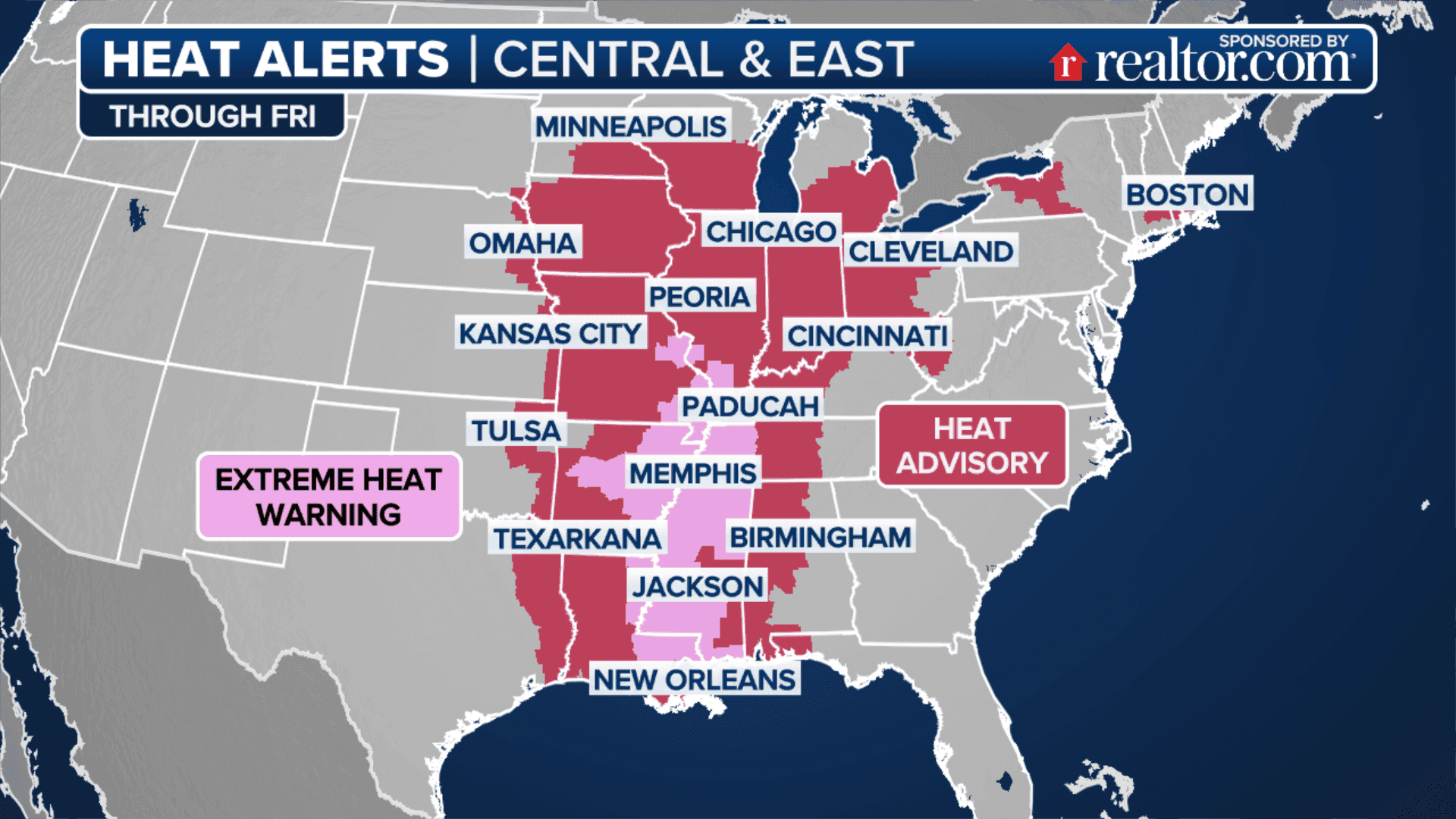 Map showing widespread extreme heat warnings and advisories across the Central and Eastern United States.