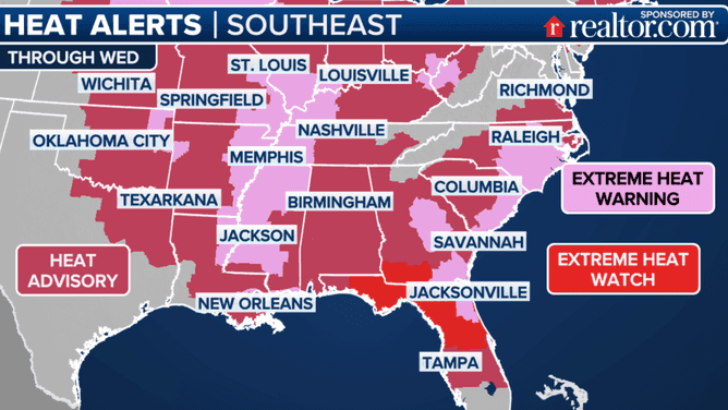 Map showing widespread heat advisories and extreme heat warnings across the eastern and central United States.