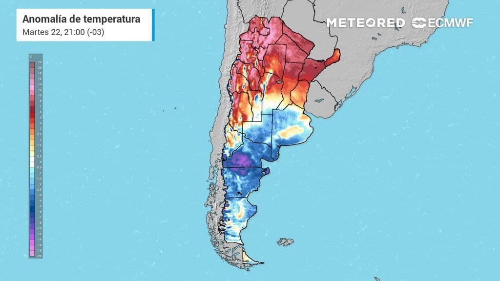 Mapa de anomalías de temperatura en Argentina, ilustrando la entrada de una masa de aire frío y su impacto regional.