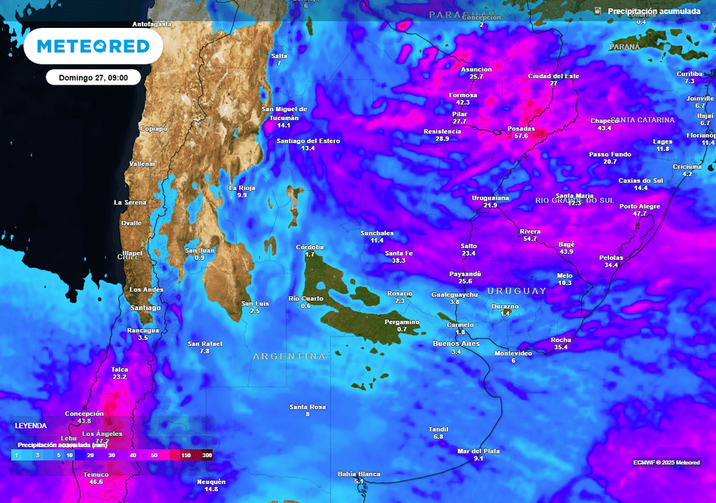 Mapa de Argentina mostrando la acumulación de precipitaciones pronosticadas, destacando eventos aislados y de baja magnitud.
