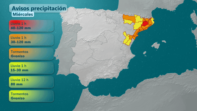 Mapa de España mostrando alertas naranjas y amarillas por fuertes tormentas y lluvias en el este y centro.
