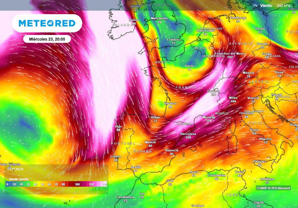Mapa de vientos a 300 hPa sobre Europa, ilustrando las ondulaciones de la corriente en chorro polar que influyen en la formación de vaguadas sobre España.