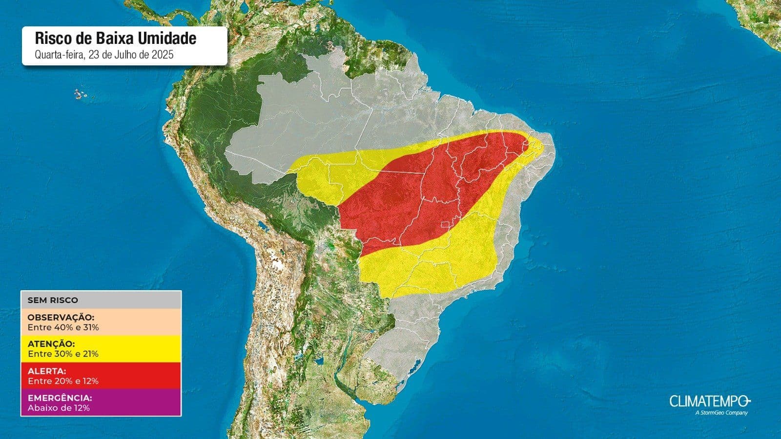 Mapa do Brasil destacando regiões do Centro-Oeste, Piauí e Tocantins com risco de baixa umidade abaixo de 20%.