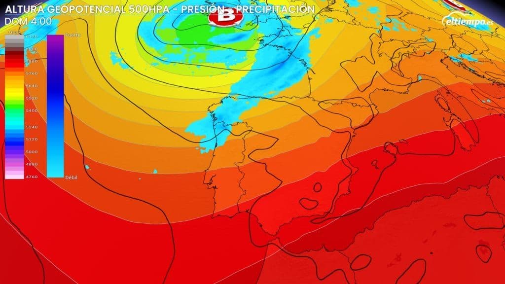 Mapa meteorológico de altura geopotencial y presión mostrando un sistema de baja presión y precipitación sobre Europa, incluyendo España, ilustrando la influencia de una vaguada.