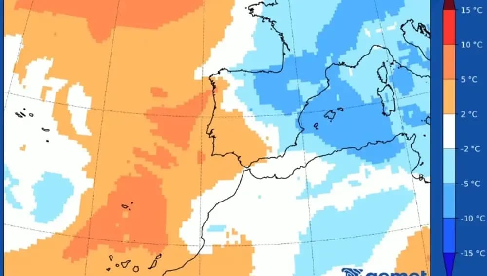 Mapa meteorológico de España mostrando un cambio de temperaturas, con zonas azules indicando enfriamiento y naranjas calor, según AEMET.