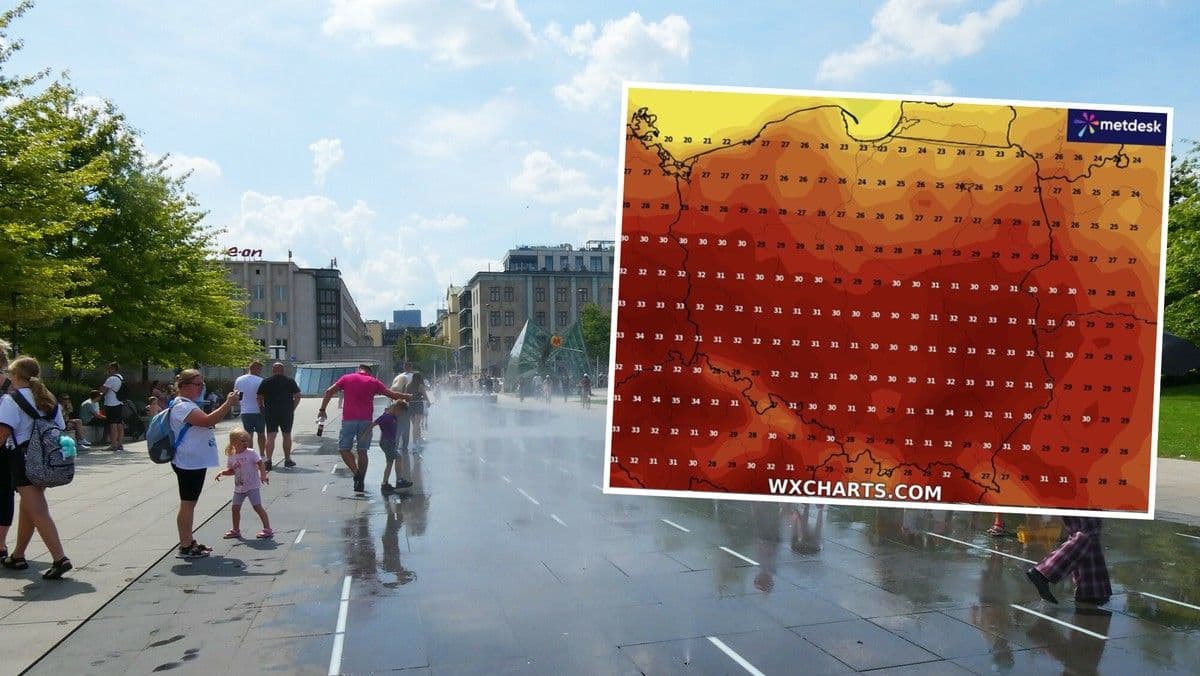Mapa pogodowa Polski pokazująca prognozowane wysokie temperatury, z ludźmi chłodzącymi się w miejskiej fontannie, symbolizująca nadchodzącą falę upałów po chłodniejszym okresie.
