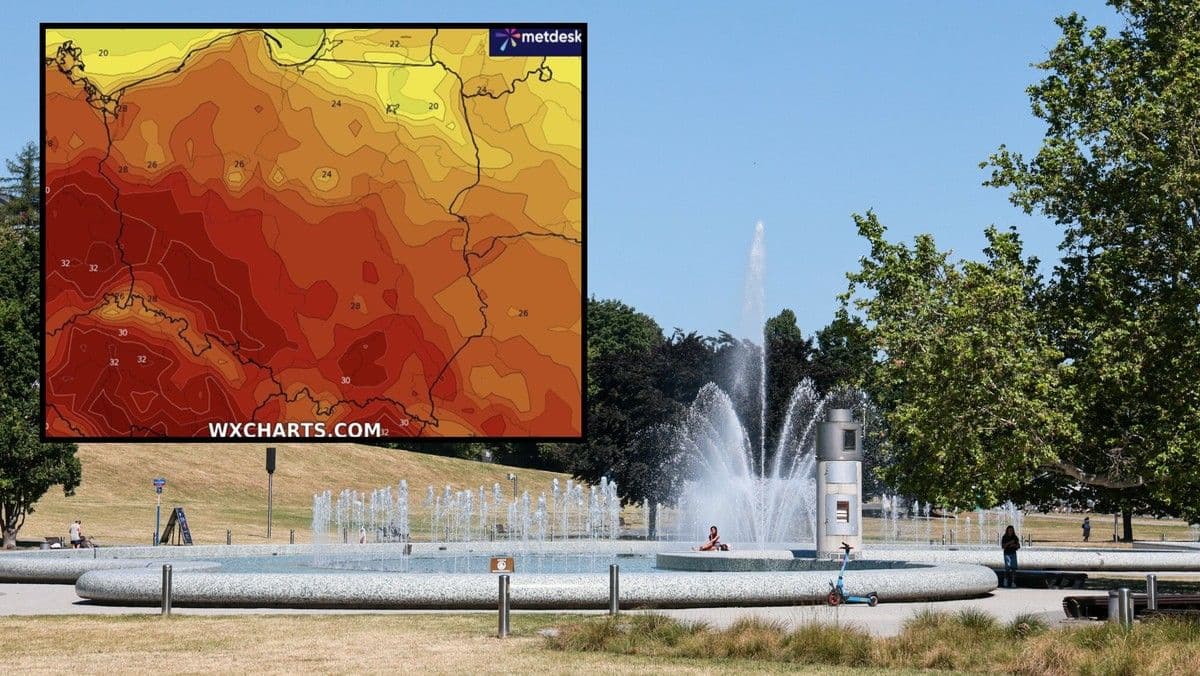 Mapa pogodowa Polski pokazująca prognozowane wysokie temperatury oraz słoneczny park z fontanną, symbolizujące powrót letniej pogody w sierpniu.