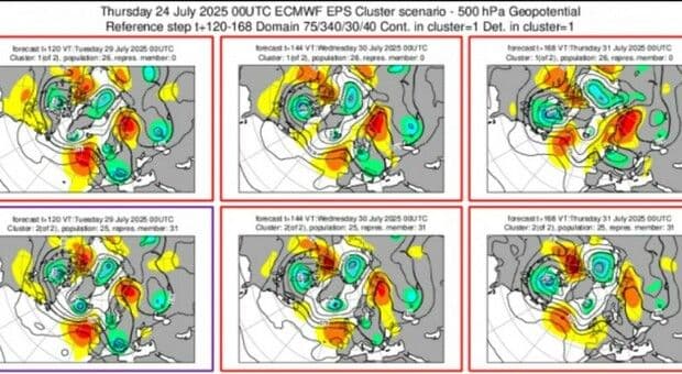 Mappa meteorologica dell'Italia che indica forti temporali e un calo delle temperature causati dal Ciclone Circe.