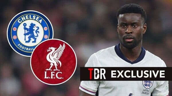 Marc Guéhi in an England kit with Chelsea and Liverpool club logos, representing the transfer pursuit