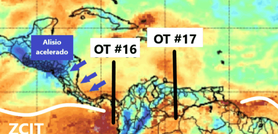 Meteorological map showing tropical waves N.º 16 and N.º 17 approaching Costa Rica, illustrating the cause of Guatuso's floods.