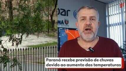Meteorologista apresentando a previsão do tempo para o Paraná, com alertas de chuva e temperaturas elevadas.
