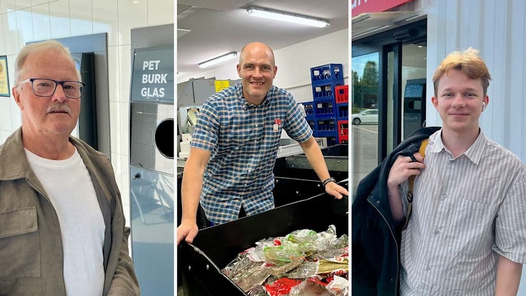 Människor som använder Sveriges pantsystem, inklusive en man vid en pantautomat, en man med återvunna plastflaskor och en ung person utomhus.